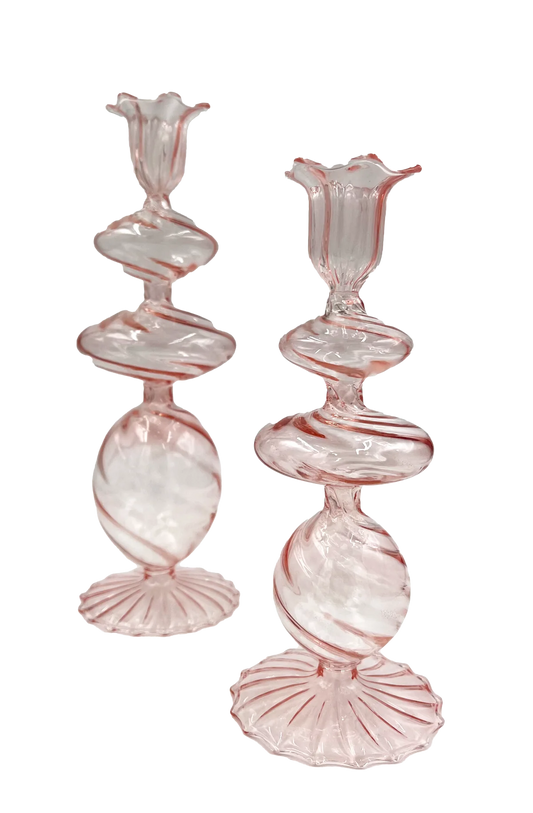 Pink Swirl Glass Candlestick, Large